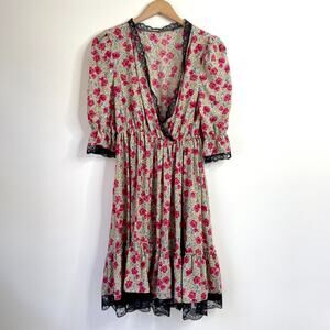 Floral‎ Babydoll Midi Dress Medium Lace Trim Whimsigoth Cottage Fairy Romantic
